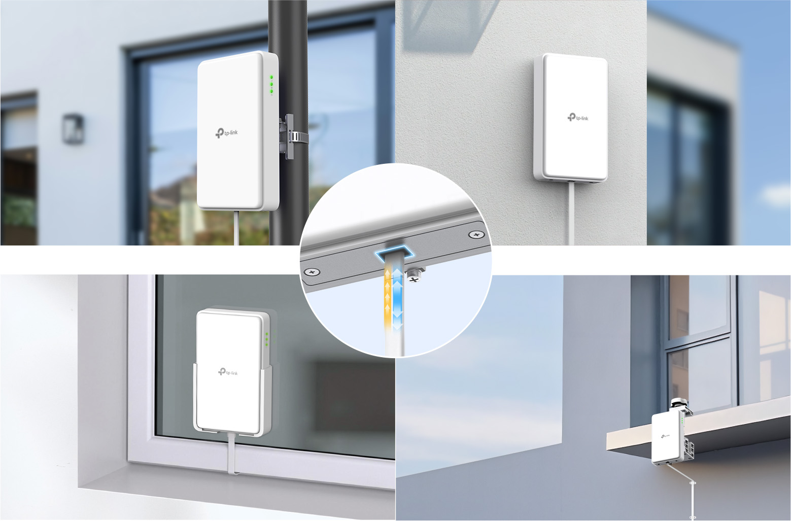 Pole mounting, wall mounting, window mounting, and window sill installation options.