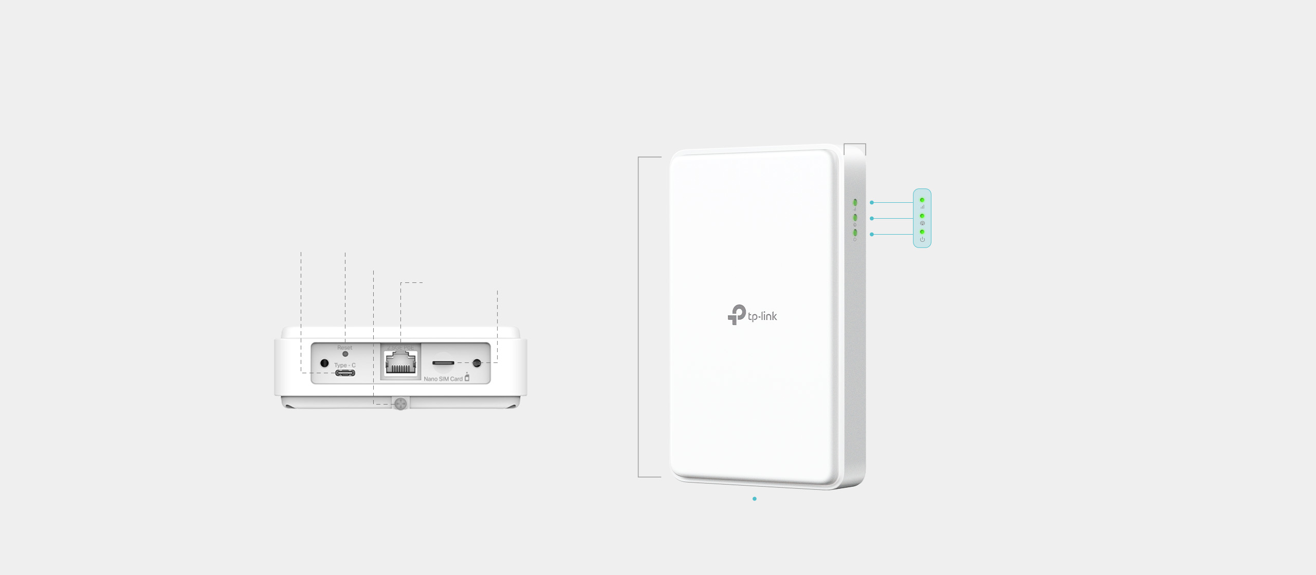 NE225-Outdoor ports, dimensions, and LED indicators.