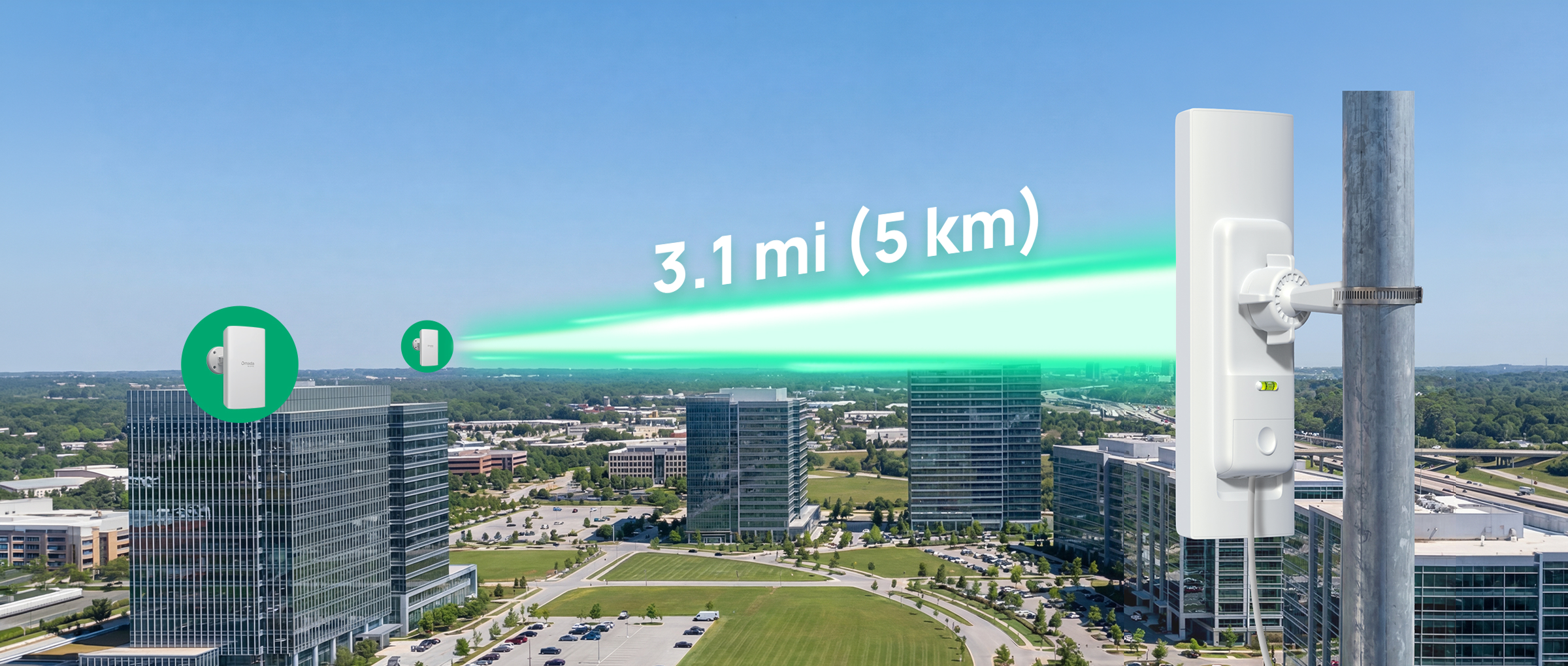Illustration of long range wireless connection across a city